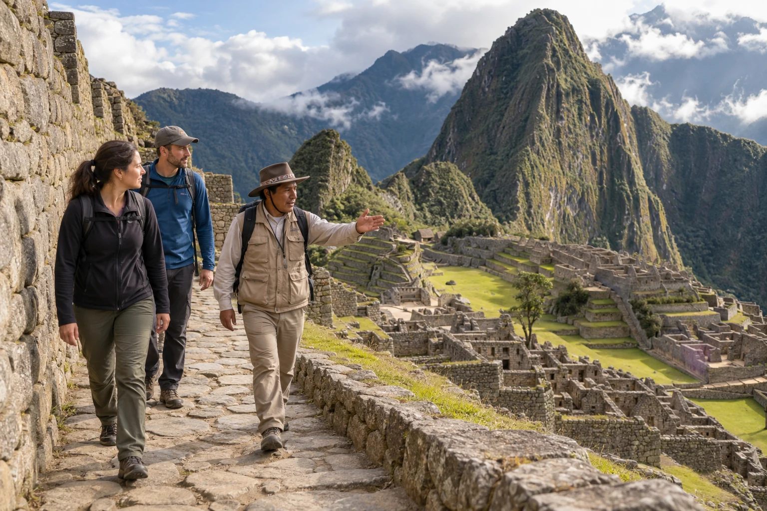 Local guide directing visitors along a marked Machu Picchu route