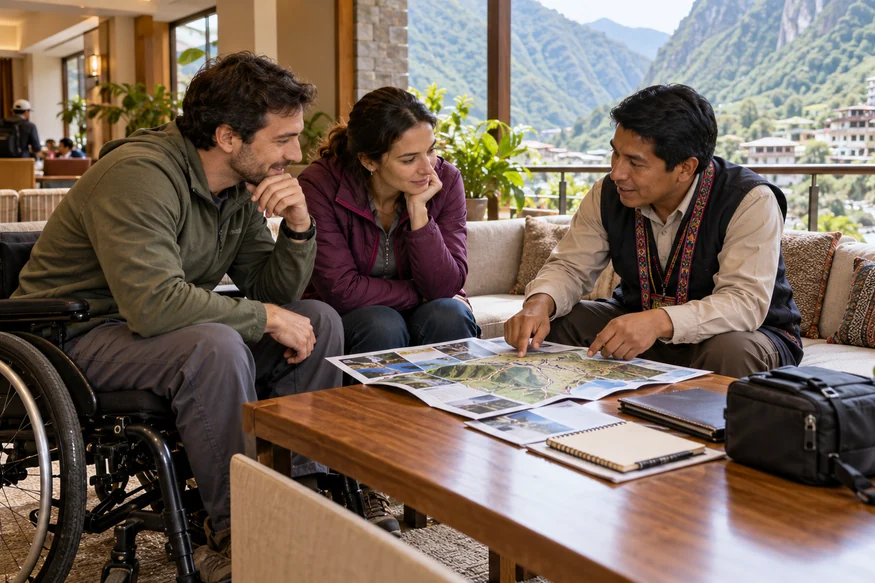 Traveler with limited mobility reviewing a Machu Picchu plan with a private guide