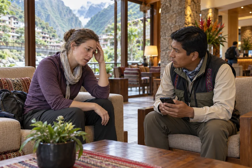 Traveler reporting possible altitude symptoms to a local guide in Aguas Calientes