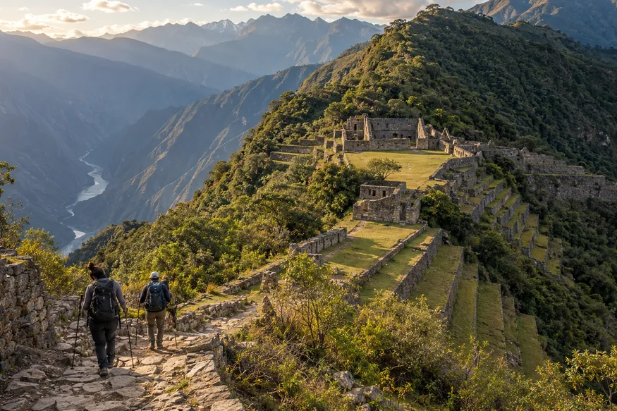 Trekkers arriving at the remote Choquequirao archaeological terraces