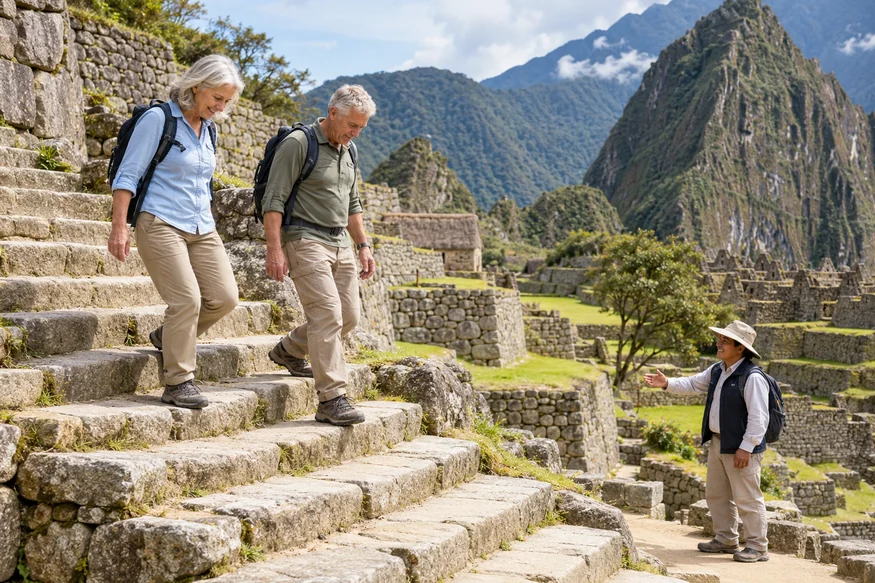 Older travelers carefully descending irregular stone steps at Machu Picchu