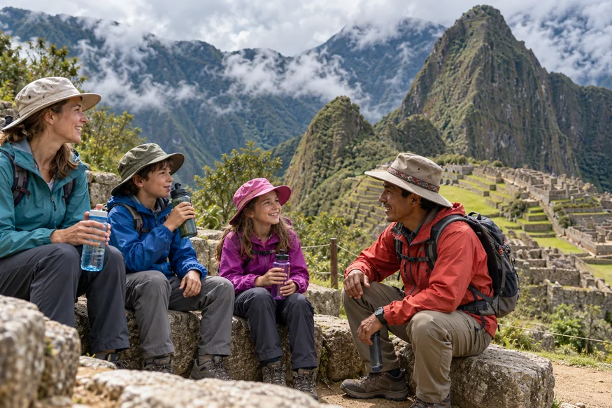 Children taking a calm break with a local guide at Machu Picchu