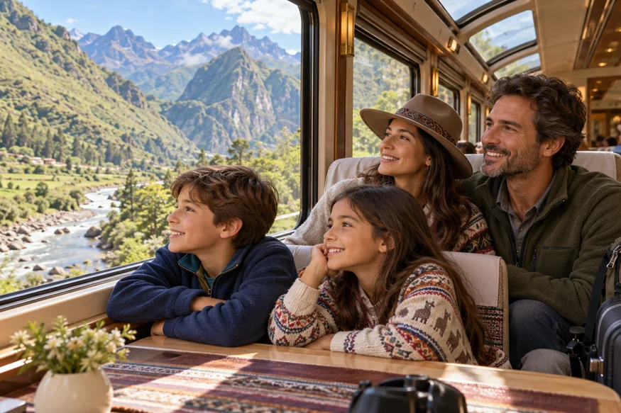 Family enjoying the scenic train journey to Machu Picchu