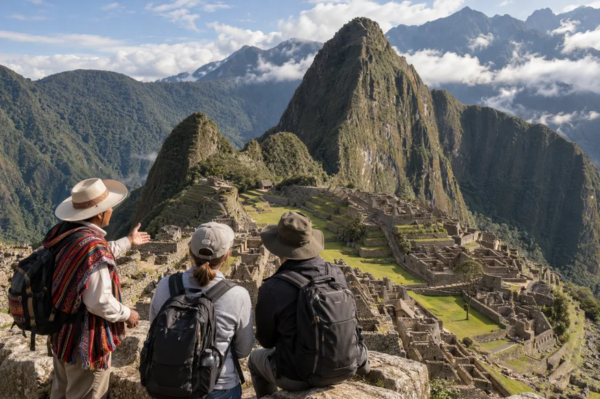 Local guide explaining Machu Picchu to travelers from an upper terrace