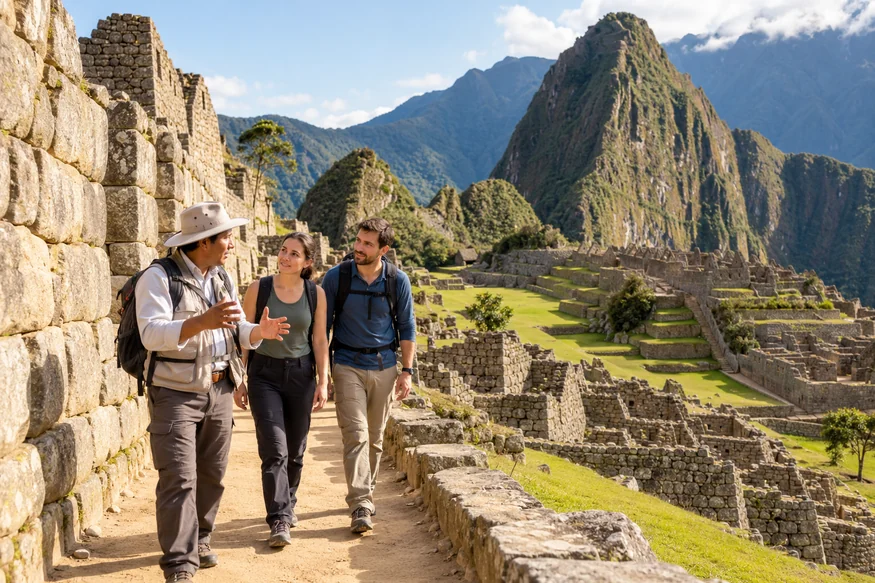 Local guide leading travelers through the Machu Picchu citadel below Huayna Picchu