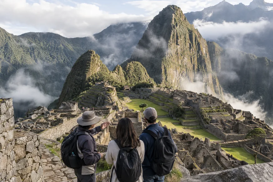 Local guide explaining Machu Picchu to two travelers among the stone terraces