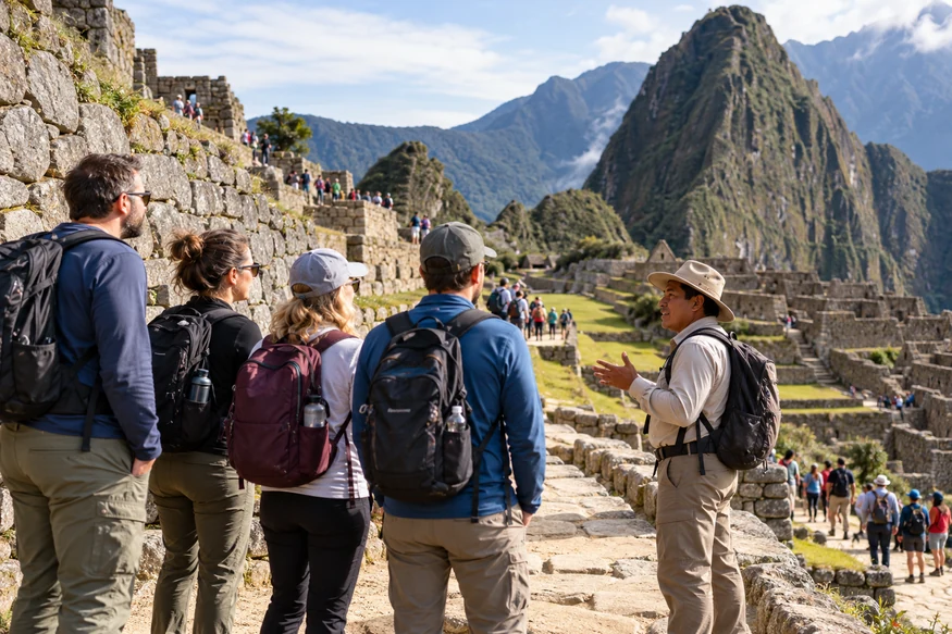 Local guide leading a small group through Machu Picchu during a busy period