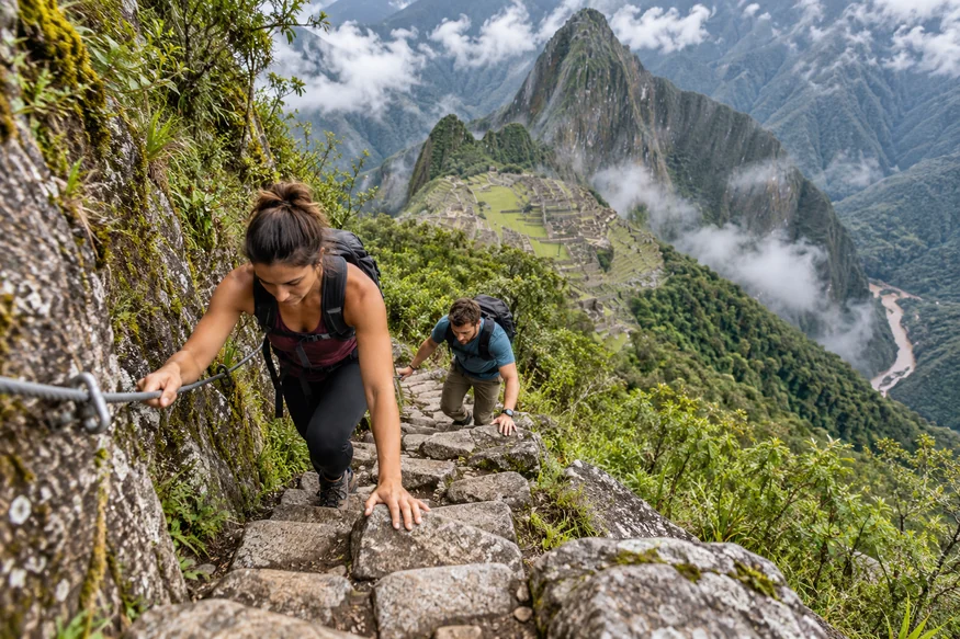 Travelers carefully climbing steep stone stairs on Huayna Picchu