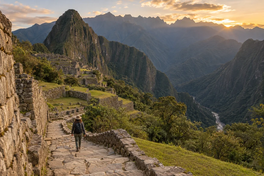 Traveler leaving Machu Picchu on a stone path before closing