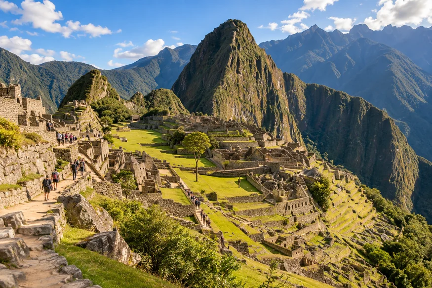 Clear afternoon light across Machu Picchu terraces