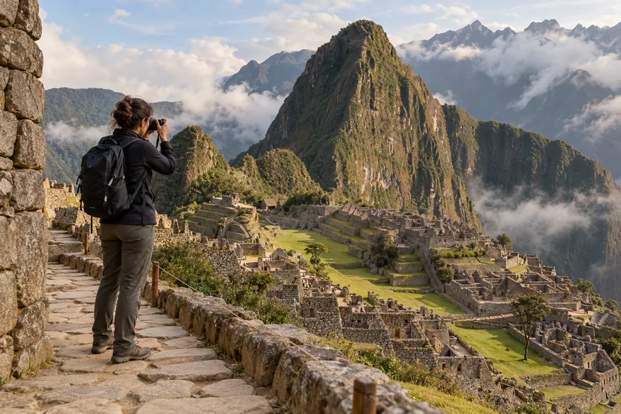Traveler photographing Machu Picchu handheld from an official stone path