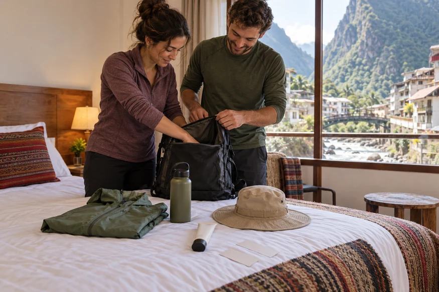 Travelers packing a compact daypack before visiting Machu Picchu