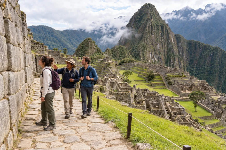 First-time visitors following a guided route at Machu Picchu