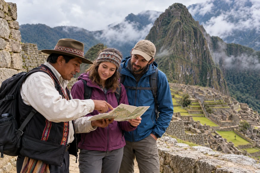 Machu Picchu guide explaining the route to two travelers