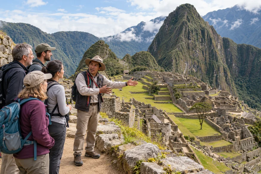 Local guide explaining Machu Picchu to a small group of travelers