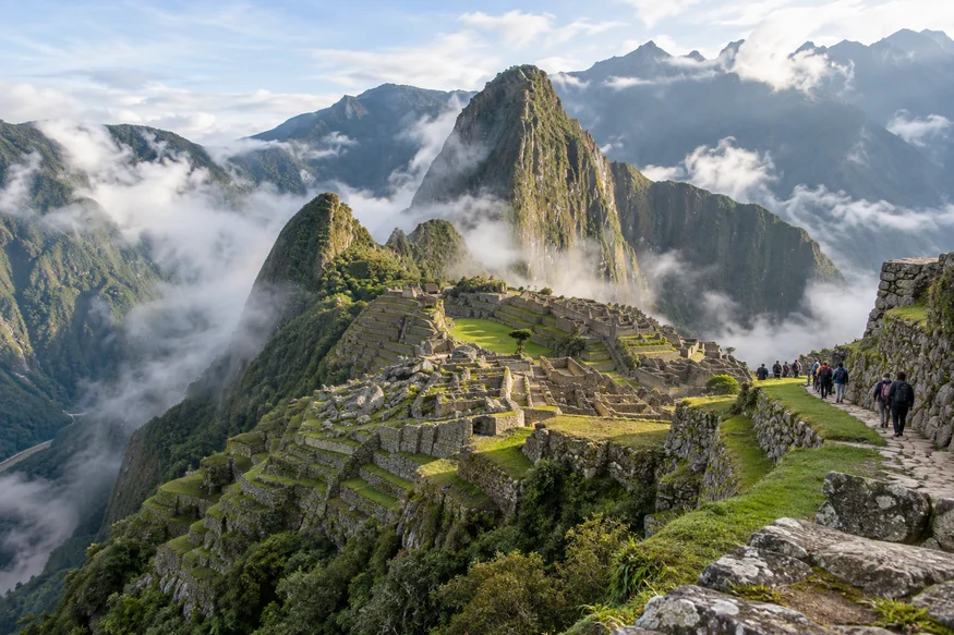 Machu Picchu terraces during a misty morning visit