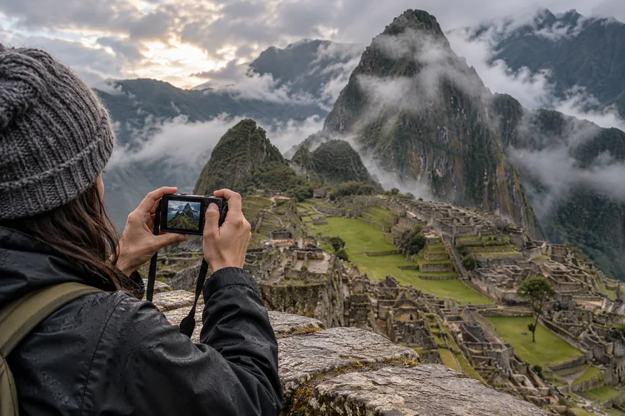 Traveler using a compact camera to photograph mist over Machu Picchu