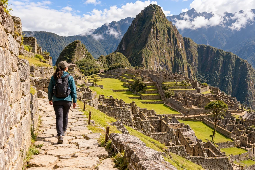 Independent traveler following a designated path at Machu Picchu