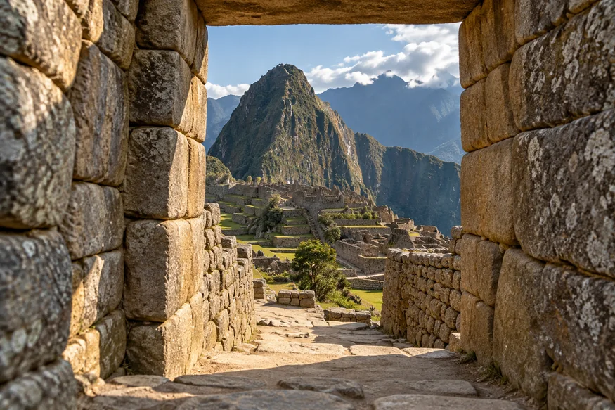 Machu Picchu framed by an Inca stone doorway and mountain view