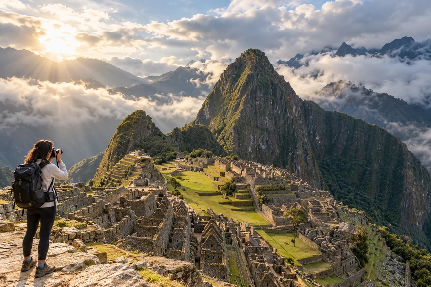 Traveler photographing changing morning light at Machu Picchu