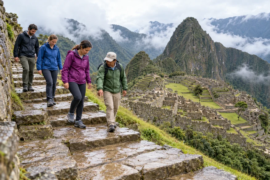 Travelers carefully descending wet stone steps at Machu Picchu with a local guide