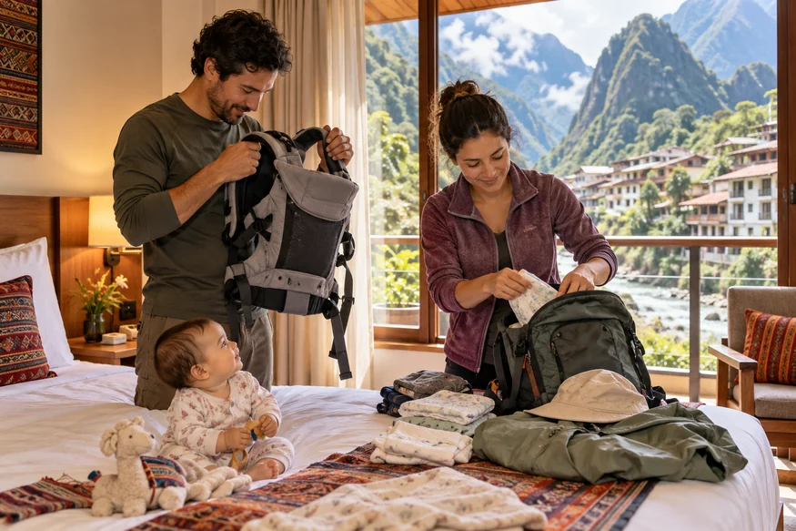 Parents packing a baby carrier and compact daypack in Aguas Calientes