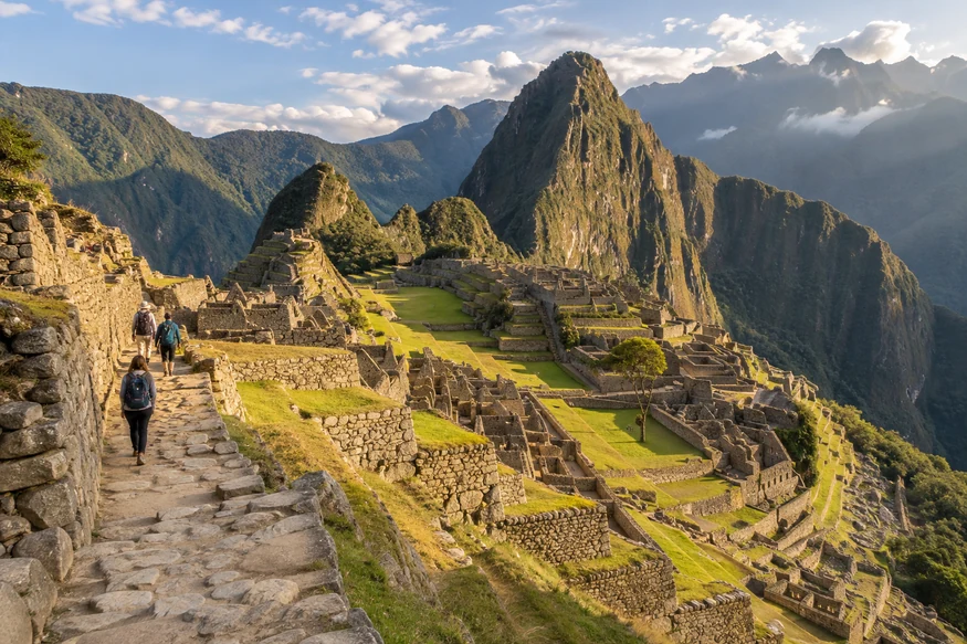 Visitors enjoying a quieter late-afternoon route at Machu Picchu