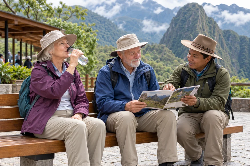 Senior travelers reviewing their Machu Picchu visit with a private local guide