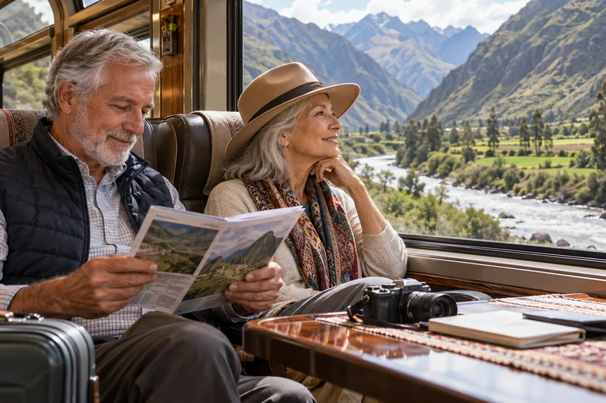 Senior couple enjoying the scenic train journey to Machu Picchu