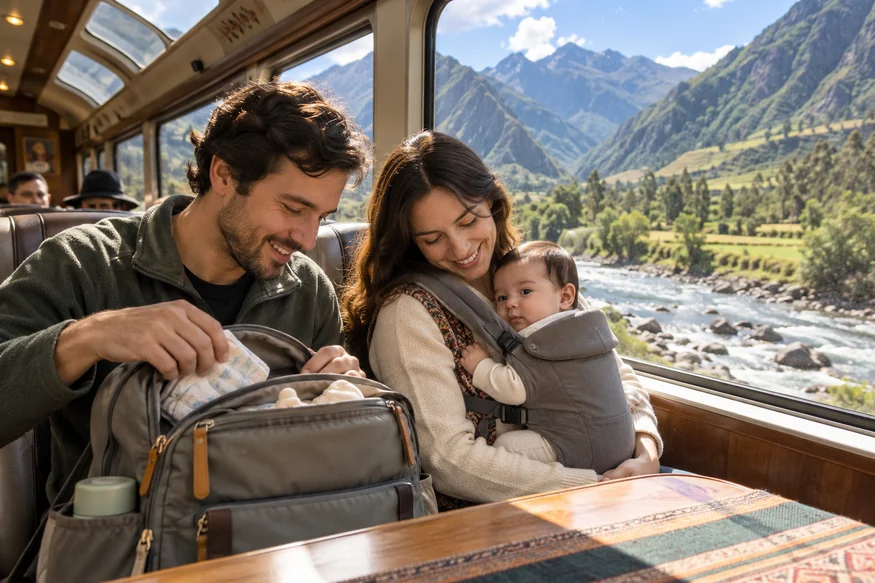 Parents traveling by scenic train to Machu Picchu with their baby