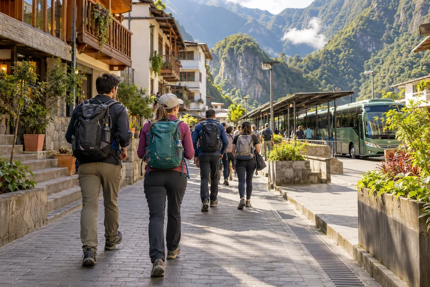 Travelers walking through Aguas Calientes toward the Machu Picchu shuttle buses