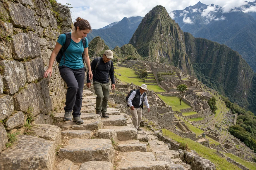 Travelers carefully walking on uneven stone stairs at Machu Picchu