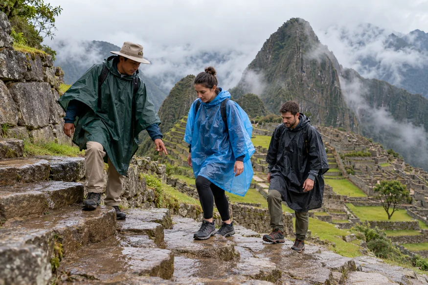 Travelers wearing rain ponchos and walking carefully on wet Machu Picchu stairs