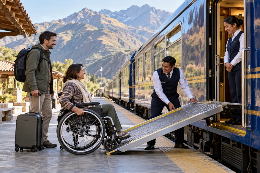 Wheelchair user receiving boarding assistance for a train to Machu Picchu